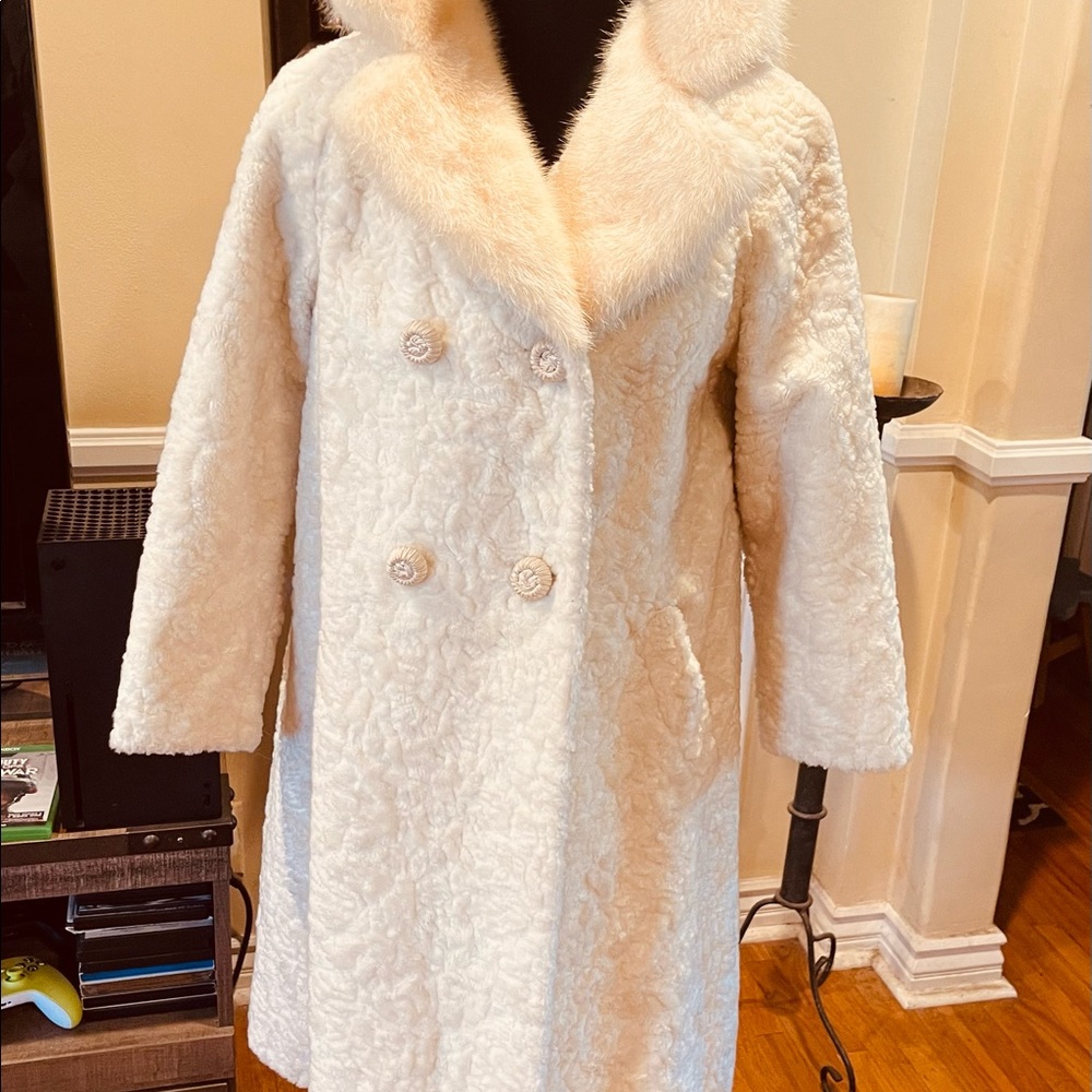💕Joseph Magnin Womens Vintage Coat Beige Mink Double Breasted Button